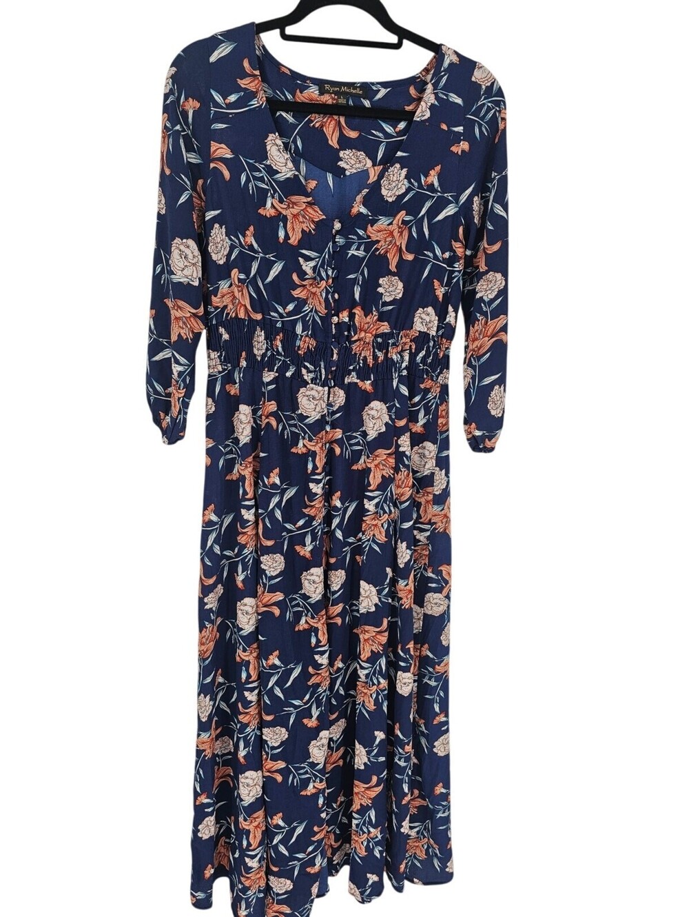 Ryan Michelle Womens Sz L Long Sleeve Maxi Dress Dark Blue Coral Floral Print